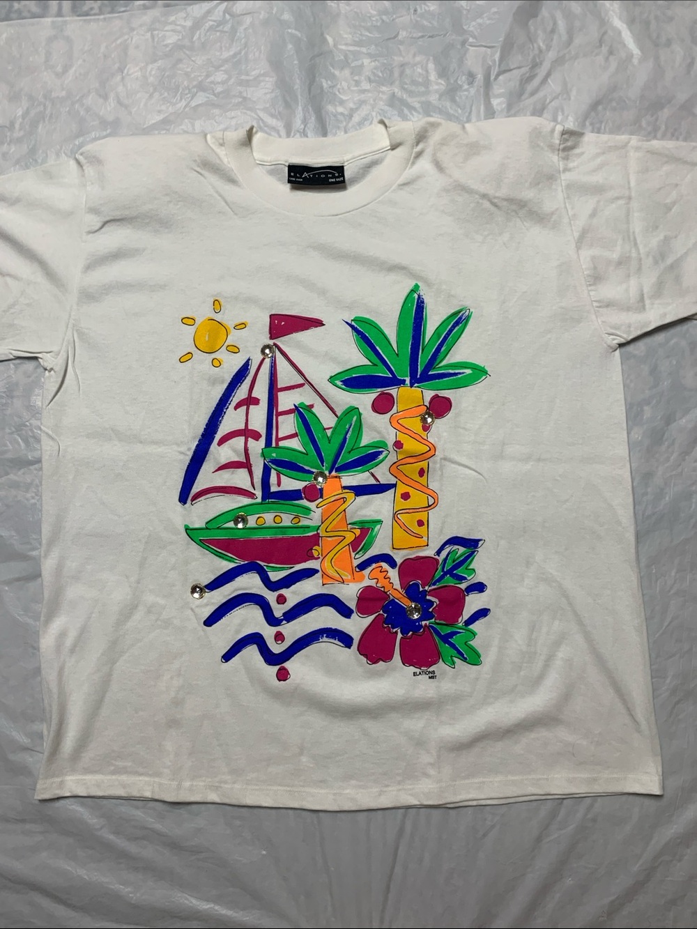 Vintage Made In USA Single Stitch Maxamalist Bejeweled Beachy T Shirt NWOT OSFS